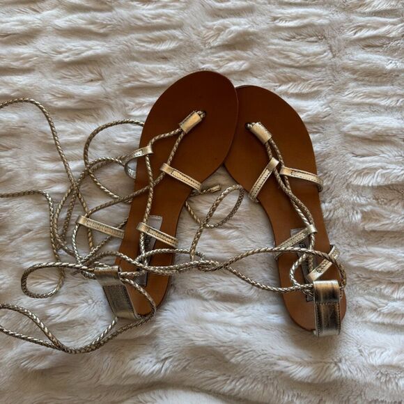 Steve Madden Werkit Gold Leather Leg Wrap Gladiator Sandals - Picture 13 of 16